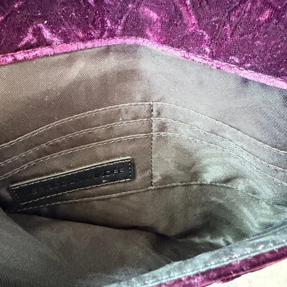 Rebecca Minkoff Leo Crushed Velvet Envelope‎ Clutch Dark Purple Velvet Gold Zip